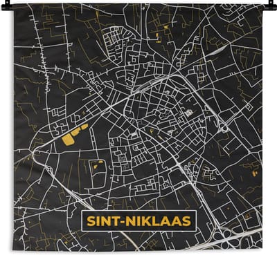 Wandkleed - Wanddoek - Sint-Niklaas - Plattegrond - Stadskaart - Goud - Kaart - 180x180 cm - Wandtapijt
