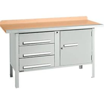 Box-type werkbank Schäfer Shop Select PWi 150-4, beuken multiplex blad, met stalen rand, tot 750 kg, B 1500 x D 700 x H 840 mm, lichtgrijs