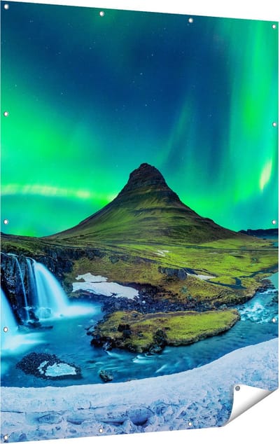 Gards Tuinposter Noorderlicht bij de Watervallen in IJsland - 120x160 cm - Tuindoek - Tuindecoratie - Wanddecoratie buiten - Tuinschilderij