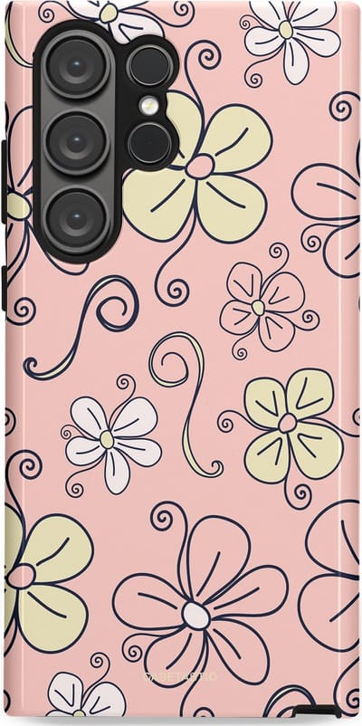 Casetastic hoesje geschikt voor Samsung Galaxy S23 Ultra - Dubbellaagse bescherming - Pastel Perzik Doodle Peach Bloemen - Fashion Case - Zand Zilver Lichtroze
