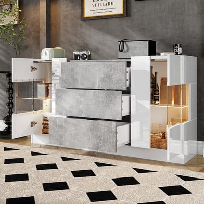 Komhtom Buffet met 2 deuren en 3 lades Glanzend witte fronten en marmer look grijs LED verlichting met 16 kleuren modern