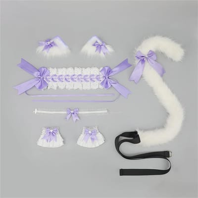5 Stuks/Set Harige Kattenoor Haarspeldjes Hoofdband Strik Choker Polsband Pluche Kattenstaart Schattige Lolita Anime Feest Cosplay Accessoires ear tail gray