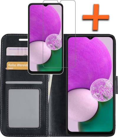 Hoes - Met Screenprotector - Geschikt voor Samsung Galaxy A13 5G - Luxe Pasjeshouder - Bookcase Portemonee - Flip Case - Kunstleer Book Case - Flipcase - Book Cover - Walletcase - PortemonneeHoes - Zwart