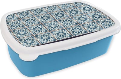 Broodtrommel Blauw - Lunchbox - Brooddoos - Tegel - Vintage - Patronen - 18x12x6 cm - Kinderen - Jongen