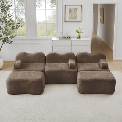 DESMIU U-Bank 288 x 167 x 70 Cm - Modulaire 3-Zits Met 2 Hockers En 32D Schuim - Voor Woonkamer En Appartement - Fluweel Bruin