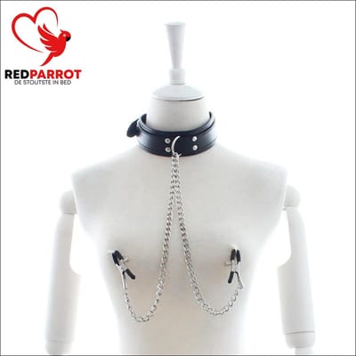 BDSM Halsband met tepelklemmen - Ketting - Choker - Leder - RVS - Verstelbaar
