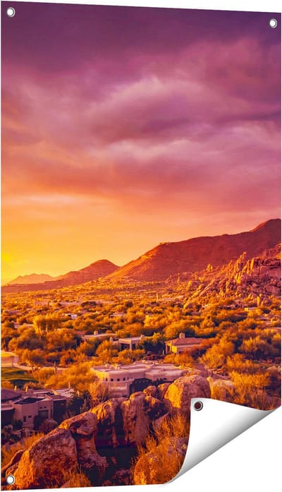 Gards Tuinposter Woestijn Landschap met Zonsondergang - 60x90 cm - Tuindoek - Tuindecoratie - Wanddecoratie buiten - Tuinschilderij