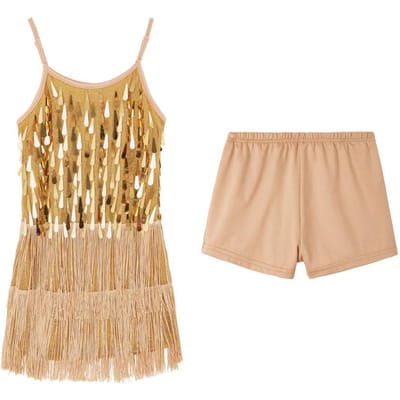LOlanta 2 Pièces Robe de Danse Latine à Sequins pour Filles Franges Danse Salsa Robe à Franges Sequins Tenues de Spectacle 8-9years (140) or