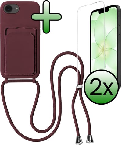Hoes Geschikt voor iPhone 17e Hoesje Met Koord Met 2x Screenprotector - Telefoonhoesje Geschikt voor iPhone 17e Backcover Met Afneembaar Koord - Aubergine