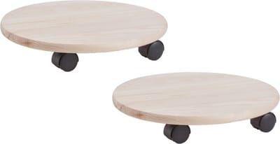 Planten trolley/multiroller naturel hout rond 35 cm - Set van 2x stuks - Trolleys voor kamerplanten max 100 kg