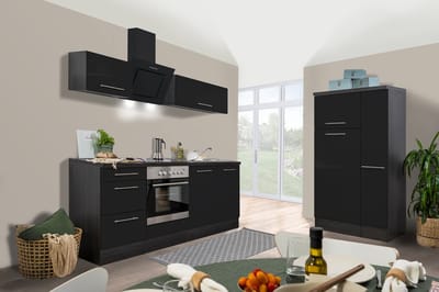 Goedkope keuken 300 cm - complete keuken met apparatuur Amanda - Eiken grijs/Zwart - soft close - keramische kookplaat - afzuigkap - oven - spoelbak