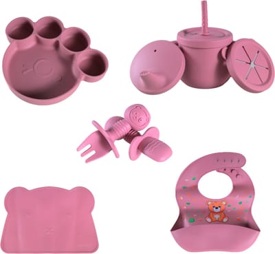 Sproudsy Serviesset Teddy Bear - Kinderservies - Kraamcadeau - Baby - 5-delig - Rosy Raspberry