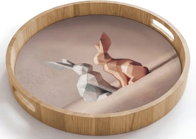 Dienblad rond 40x40 cm - Schootdienblad hout - Konijnen - Blauw - Oranje - Abstract - Borrelplank rechthoek - Plateau houten dienbladen