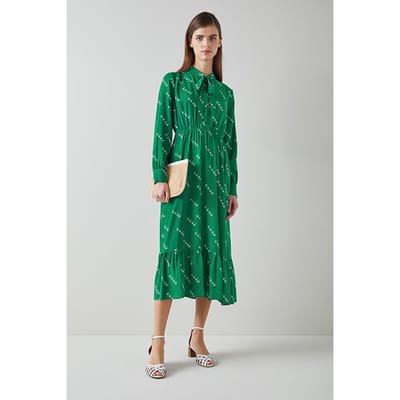 LK Bennett Bridget Monkey Midi Dress Green/cream Maat: 6 | Midi Jurken Outlet | Dames | Groen