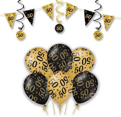 LUQ – Statement Set 50 Jaar – Zwart-Goud – Verjaardag Party Feestpakket Decoraties – Luxe Ballonnen-Slingers-Vlaggenlijn