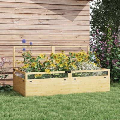 MEUNIQ Moestuinbak met klimrek 183 x 98,5 x 95 cm, houten kweekbak met open bodem en opklapbare beschermnetten voor tuin en balkon, naturel