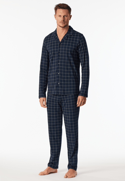 Lang pyjama van interlock, nachtblauw geruit - Fine Interlock 48