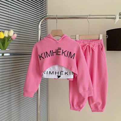 Lente Herfst Baby Meisjes Wafel Alfabet Crop Hoodie + Trekkoord Sweatpant + Tee Tops Kids Trainingspak Kind 3 STUKS outfit Sets 1-9 Jaar 100cm roze