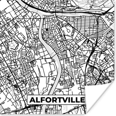 Poster Stadskaart - Plattegrond - Kaart - Alfortville - Frankrijk - Zwart wit - 100x100 cm XXL