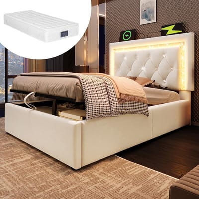 BLACKCOLORS Gestoffeerd bed 90 x 200 cm Eenpersoonsbed van fluweel met diamantvormige LED-strip in het hoofdeinde, USB- en Type-C-oplaadstation, hydraulische opbergruimte, modern bed voor tieners met lattenbodem, beige (met matras)