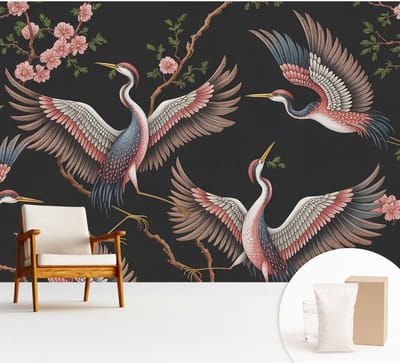 Wallfluent Behang - Bloemenpatroon Vliesbehang - 312x219 cm - Zwart Behang - Voor natuurliefhebbers en liefhebbers van minimalisme - Behang Voor de slaapkamer, woonkamer en badkamer - Behangrol Dieren