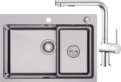 Auralum max Spoelbak voor keuken 68x48CM - Spoelbakken Keuken Met Uittrekbare Uitloop Keukenkraan - Enkele spoelbakken RVS - Met Korf, Zeepdispenser en Afvoerset - Voor 80 cm Kast