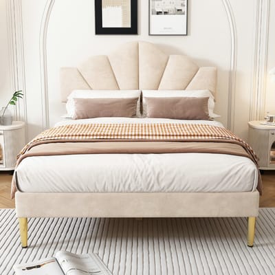 VVBV Gestoffeerd Slaapkamerbed 140x190 cm - Lattenbodem - Fluweel Beige
