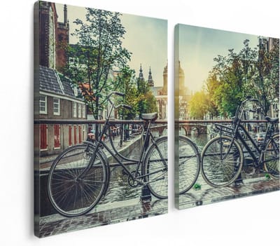 Artaza Canvas Schilderij Tweeluik Amsterdamse Brug Bij Een Gracht Met Zonsondergang - 120x80 - Foto Op Canvas - Canvas Print