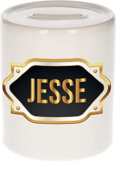 Spaarpot met voornaam Jesse - wit - met goud/zwart embleem - 8 x 9 cm - keramiek - met afsluitdop - cadeau verjaardag