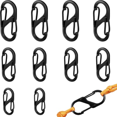 10 stuks kleine karabijnhaken - 50 mm/40 mm/31 mm - metalen dubbele karabijnhaken - S-vormige karabijnhaak - zwart - 2 openingen - kleine karabijnhaken - geschikt voor kamperen - huishouden - wandelen