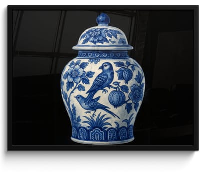 Poster in lijst - Fotolijst 70x50 cm - Posters - Pot - Delfts Blauw - Bloemen - Posterlijst zwart - Decoratie - Wanddecoratie woonkamer - Muurdecoratie slaapkamer