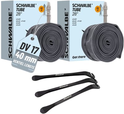 2x Schwalbe binnenband 28 inch DV 17 Hollands-Dunlop ventiel (40mm) met 3x MSZweirad bandenlichters