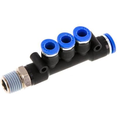 6mm x 8mm x R1/4'' 3-way Manifold Messing/PA 66 Insteekfitting Buitendraad Draaibaar NBR