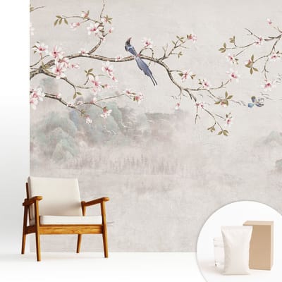 Wallfluent Behang - Oosters landschap Muurbehang - 250x250 cm - Beige Behang - Voor liefhebbers van moderne abstracte kunst - Behang Voor de woonkamer, slaapkamer en kantoor - Wandbekleding Bloemen en planten