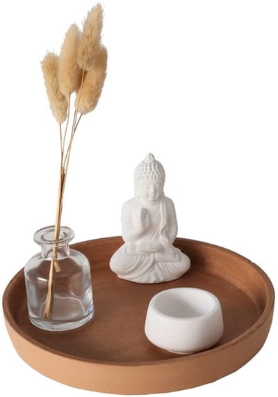 Boltze - Tray - 5 delig - Cadeaupakket - Decoratie set - Zand/Wit - Buddha, theelicht, flesje, dienblad