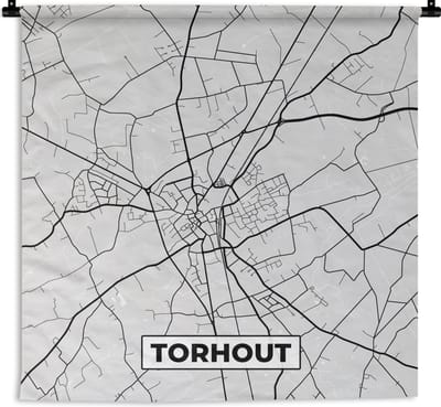 Wandkleed - Wanddoek - Zwart Wit – België – Plattegrond – Stadskaart – Kaart – Torhout - 180x180 cm - Wandtapijt
