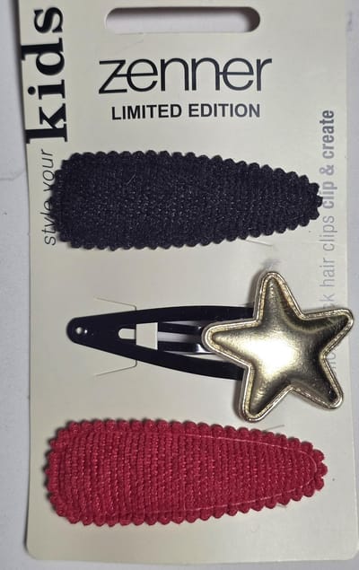 Zenner kids - 3 klik klak haarspeldjes - clic clacs - 1x zwart en 1x rood stof - 1x ster goud - 5cm