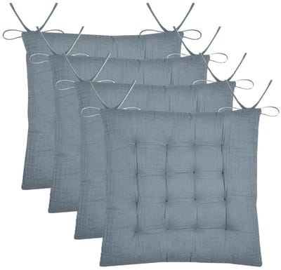 Stof Textile stoelkussen Coline - 4x - ijsblauw - 38 x 38 x 4 cm - touwtjes sluiting - zitkussens - binnen/buiten
