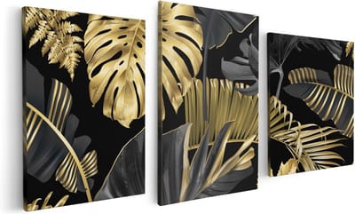 Artaza Canvas Schilderij Drieluik Gouden Tropische Bladeren - 120x60 cm - Wanddecoratie Woonkamer - Schilderijen - Muurdecoratie