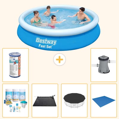 Bestway Rond Opblaasbaar Fast Set Zwembad - 366 x 76 cm - Blauw - Inclusief Onderhoudspakket - Solar Mat - Afdekzeil - Grondzeil - Filter - Zwembadfilterpomp - 7-delig