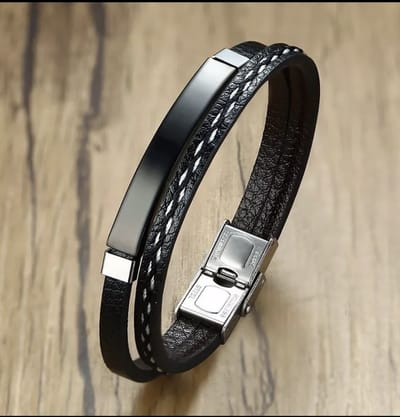 Lederen heren mannen armband men met zwart metalen element - gevlochten leer