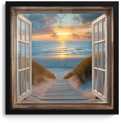 Poster in lijst - Fotolijst 40x40 cm - Posters - Doorkijk - Strand - Pad - Zonsondergang - Posterlijst zwart - Decoratie - Wanddecoratie woonkamer - Muurdecoratie slaapkamer