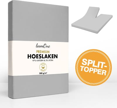 Loom One Premium Splittopper Hoeslaken – 97% Jersey Katoen / 3% Lycra – 180x200 cm – tot 12cm matrasdikte– 200 g/m² – Grijs