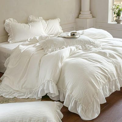 Franse Prinsessenstijl Kant Ruches Huwelijks Beddengoedset Gewassen Katoen Zacht Dekbedovertrek Laken/Hoeslaken Kussenslopen 4-delig Flat Bed Sheet&Queen size 4 pcs