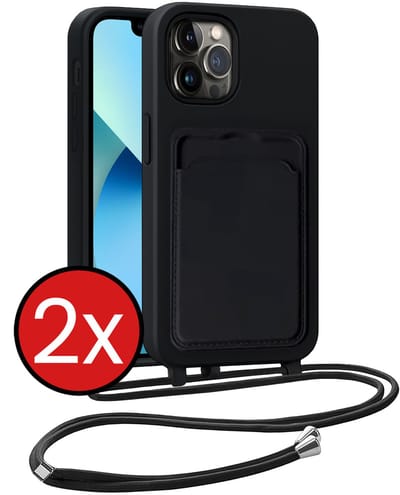 Hoesje Geschikt voor iPhone 13 Pro Hoesje Met Telefoonkoord en Pasjeshouder Siliconen - Hoes Geschikt voor iPhone 13 Pro Hoesje Met Kaarthouder Case - Zwart - 2 PACK