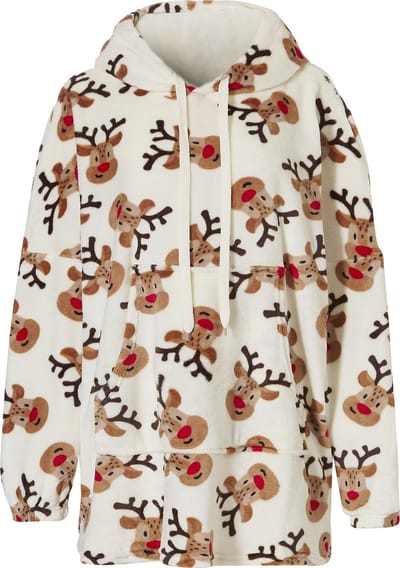 Dames Huggle Fleece Hoodie Loungewear Incl Capuchon Kerst Rendier Wit - One Size