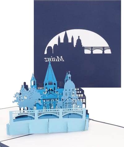 3D pop-up kaart - Wenskaart Stedenkaart - Verjaardag verrassen - Mainz panorama ontwerp - 15 x 15 cm - Blauw
