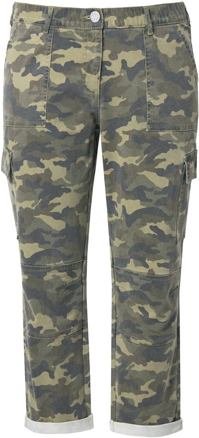 Ulla Popken - Dames - Boyfriend broek camouflage gerafelde zoom elastisch twill - Olijfgrijs - Maat 56