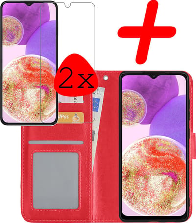 Hoesje Met 2x Screenprotector - Geschikt voor Samsung Galaxy A23 - Luxe Pasjeshouder - Bookcase Portemonee - Flip Case - Kunstleer Book Case - Flipcase Hoes - Book Cover - Walletcase - Portemonneehoes - Rood