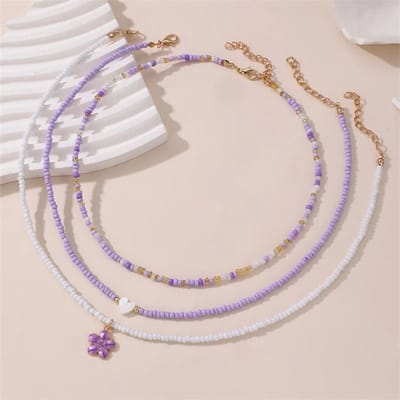 Sorprese Ketting Dames - Mare - Lavender Breeze - 3-Laags Kralenketting - Paars/Wit/Goudkleurig - Hartje & Bloemen Hanger - Elegant & Boho - Model V